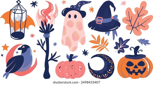 Set of isolated Halloween decoration elements in cute doodle hand-drawn graphic illustration style on transparent background, Volume 2: Pastel Pink, orange and blue color tone.