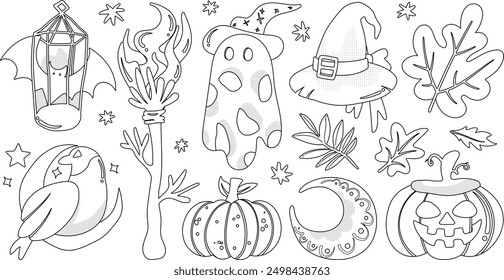 Set von einzelnen Halloween Dekorelementen in niedlichem Doodle handgezeichnete grafische Illustration Stil auf transparentem Hintergrund, Band 2: Schwarzer Umriss