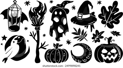 Conjunto de Elementos de decoración de Halloween aislados en estilo de ilustración gráfica dibujado a mano doodle lindo sobre fondo transparente, volumen 2: silueta negra.