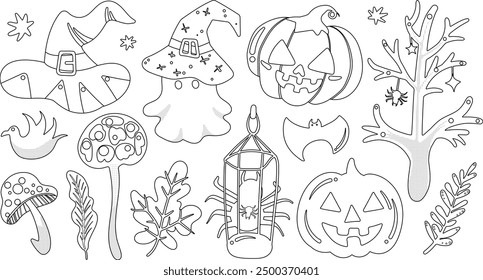 Set of isolated Halloween decoration elements in cute doodle hand-drawn graphic illustration style on transparent background, Volume 3: Black outline