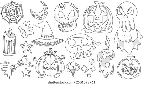 Set of isolated Halloween decoration elements in cute doodle hand-drawn graphic illustration style on transparent background, Volume 4: Black outline