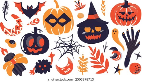 Set of isolated Halloween decoration elements in cute doodle hand-drawn graphic illustration style on transparent background, Volume 6: Vibrant red, orange and black color tone.