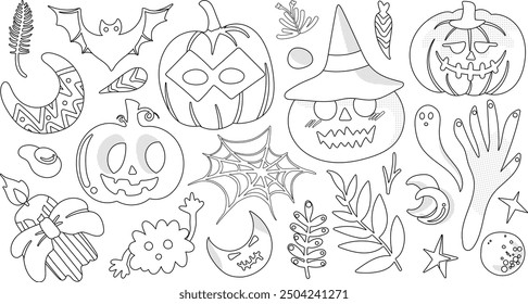 Set of isolated Halloween decoration elements in cute doodle hand-drawn graphic illustration style on transparent background, Volume 6: Black outline