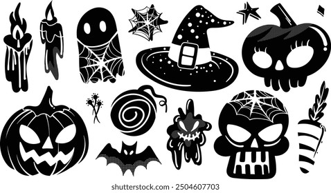 Set of isolated Halloween decoration elements in cute doodle hand-drawn graphic illustration style on transparent background, Volume 5: Black silhouette.