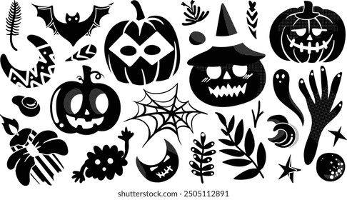 Set of isolated Halloween decoration elements in cute doodle hand-drawn graphic illustration style on transparent background, Volume 6: Black silhouette.