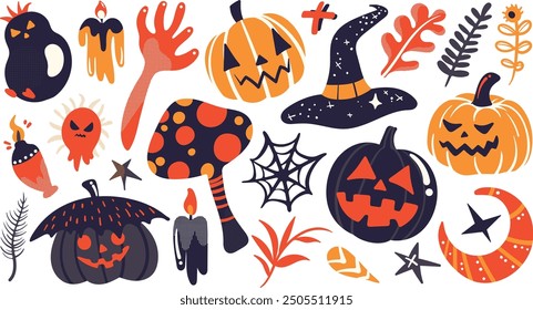 Set of isolated Halloween decoration elements in cute doodle hand-drawn graphic illustration style on transparent background, Volume 7: Vibrant red, orange and black color tone.