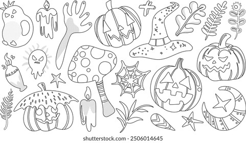 Set of isolated Halloween decoration elements in cute doodle hand-drawn graphic illustration style on transparent background, Volume 7: Black outline