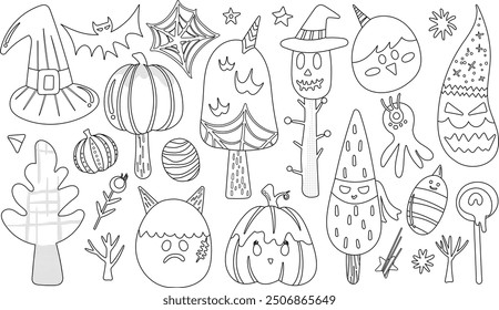 Set of isolated Halloween decoration elements in cute doodle hand-drawn graphic illustration style on transparent background, Volume 8: Black outline