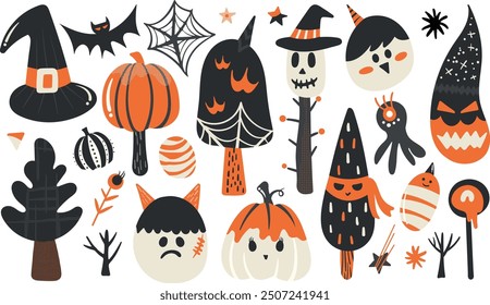 Set of isolated Halloween decoration elements in cute doodle hand-drawn graphic illustration style on transparent background, Volume 8: Vibrant orange, beige and black color tone.