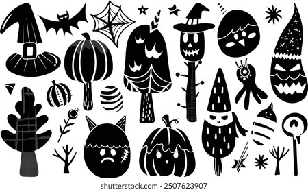 Set of isolated Halloween decoration elements in cute doodle hand-drawn graphic illustration style on transparent background, Volume 8: Black silhouette.