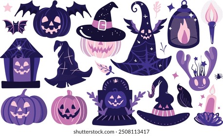 Set of isolated Halloween decoration elements in cute doodle hand-drawn graphic illustration style on transparent background, Volume 9: Vibrant purple and black color tone.