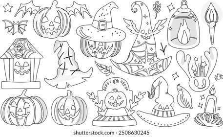 Conjunto de elementos isolados da decoração de Halloween em bonito doodle estilo de ilustração gráfico desenhado à mão em fundo transparente, Volume 9: contorno preto