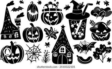 Set of isolated Halloween decoration elements in cute doodle hand-drawn graphic illustration style on transparent background, Volume 10: Black silhouette.