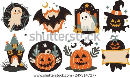 Set of isolated Halloween decoration elements for sticker, badge, tag or label in cute graphic illustration style on transparent background, Volume 9: vivid orange, green, yellow and black color tone.