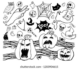 Set of isolated Halloween hand drawn elements, template for your scary design