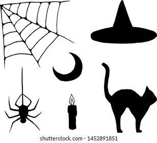 A set of isolated halloween items in a simple style in black color.  Vector cobweb, spider, witch hat, moon, candle and a cat.