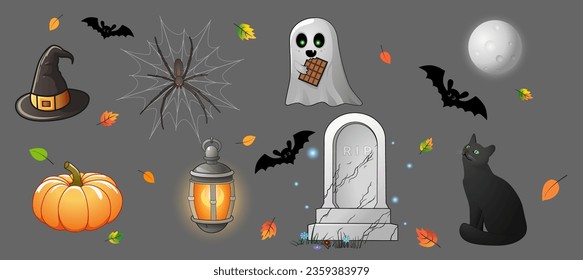 Set of isolated Halloween items: witch hat, spider on the web, ghost with chocolate, pumpkin, lantern, gravestone, moon, blask cat, bat and leaves. Vector illustration