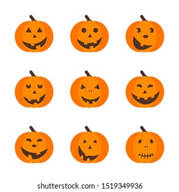 Set of isolated halloween pumpkins, funny faces. Autumn holidays. Helloween mask evil, horror, creepy, scary face for design card. Element for template. Vector Illustration