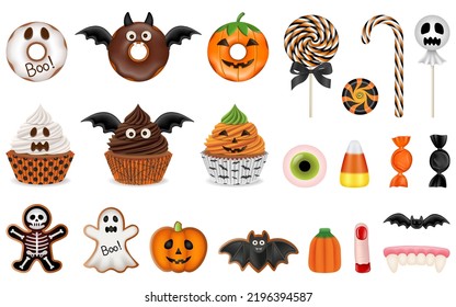 set of isolated halloween sweets. collection of halloween cakes and candies 