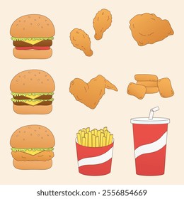 set of isolated hamburgers fried chickens and french fries with drink, vector illustration