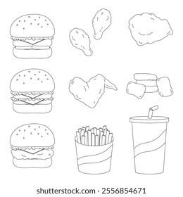 set of isolated hamburgers fried chickens french fries drink drawing line with no color filled, vector illustration