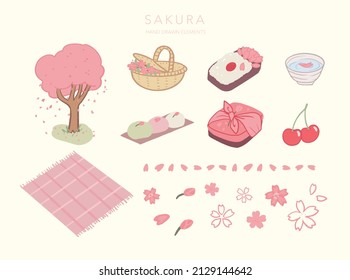 Set of isolated hanami picnic elements. Hand drawn sakura icons, bento box, flowers, tree, basket, cute trendy drawing collection. Vector illustration