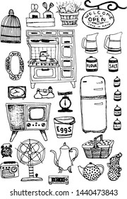 A set of isolated hand drawing sketch collection of vintage retro items. Vector furniture for kitchen or restaurant 