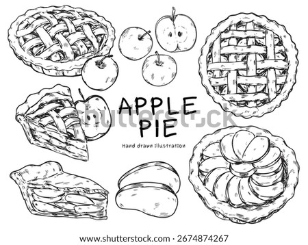 Set of isolated hand drawn Apple Pie outline drawing illustration