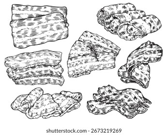 Set of isolated hand drawn bacon and pork belly outline drawing illustration