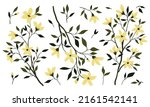 Set with isolated hand drawn blooming branches, parts of plants: twigs, tiny leaves, yellow flowers on a white background. Vector illustration.