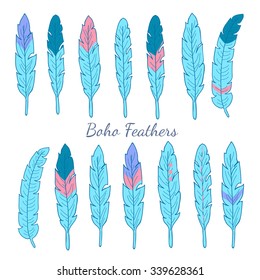 Set of isolated hand drawn boho feathers. Vector ethnic blue feathers clip art