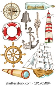 Set of isolated hand drawn cartoon nautical icons