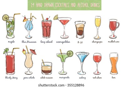 Set of isolated hand drawn cocktails, alcohol drinks.