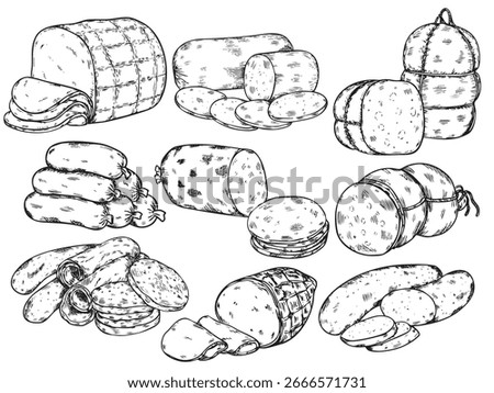 Set of isolated hand drawn cold cuts and cured meats outline drawing illustration