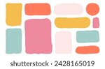 Set isolated hand drawn colorful doodle paper frames. Collection various empty textured textboxes. Different geometric shapes of speech bubbles with rough edges. Minimalist quote posters.