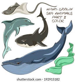 Set of isolated hand drawn colorful sea animals