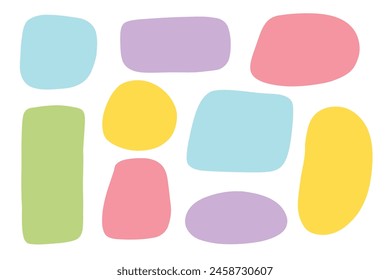 Set isolated hand drawn colorful doodle paper frames. Collection various empty textured textboxes. Different geometric shapes of speech bubbles with rough edges. Minimalist quote posters.