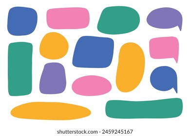 Set isolated hand drawn colorful doodle paper frames. Collection various empty textured textboxes. Different geometric shapes of speech bubbles with rough edges. Minimalist quote posters.