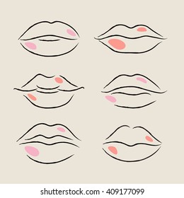 Set of isolated hand drawn contours of the woman smiling lips on light background. Vector illustration.