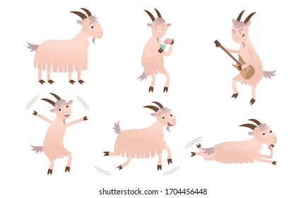 Set of isolated hand drawn cute funny happy goats enjoying casual things