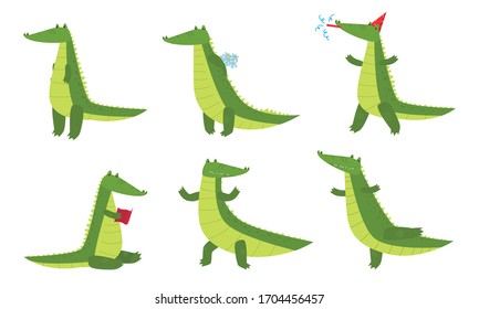 Set of isolated hand drawn cute funny crocodile animals enjoying life