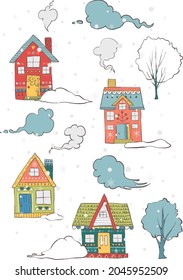 Set of isolated hand drawn decorated buildings, trees, snow piles and chimney smokes for New Year and Christmas. Holiday and celebration architecture.