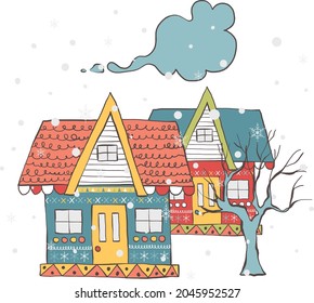 Conjunto de edificios aislados decorados a mano para Año Nuevo y Navidad. Ilustraciones de arquitectura de festividades y celebraciones.