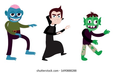 Set of isolated hand drawn different Halloween characters for holiday