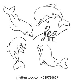 Set of isolated hand drawn dolphins and lettering "Sea life". Vector EPS 10