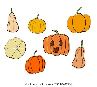 Set of isolated hand drawn doodle style pumpkins. Vector illustration EPS10