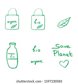set of isolated hand drawn ecological icons in doodle style in vector. ecological stickers