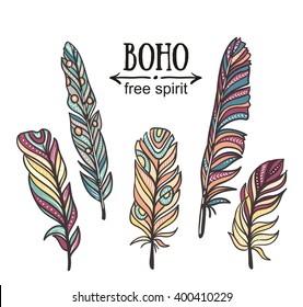 Set of isolated hand drawn feather. Vector ethnic elements.