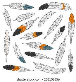 Set of isolated hand drawn feathers