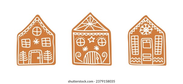 Set of isolated hand drawn gingerbread houses. Traditional Christmas cookies. Vector flat illustration